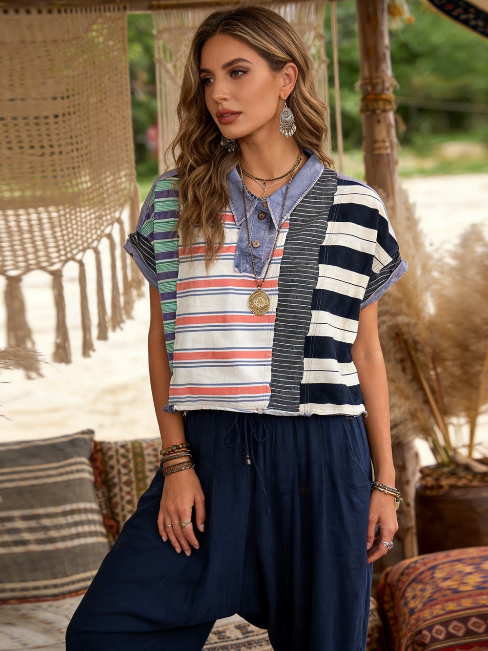 Oli & Hali Multicolor Patchwork Stripe Polo Top